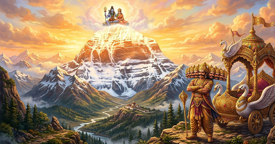 Ravana arriving at the sacred Mount Kailash before challenging Lord Shiva