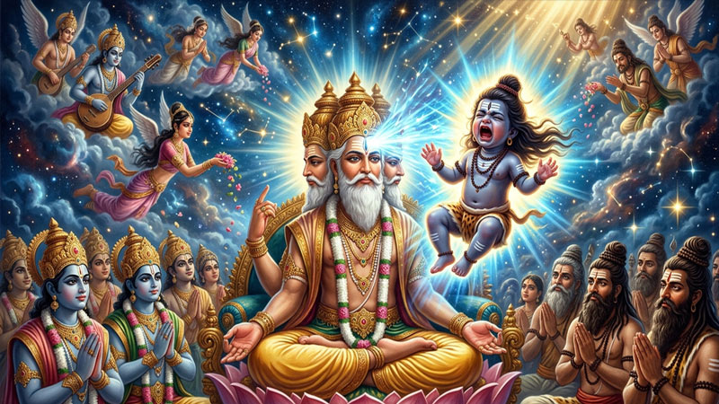Lord Rudra manifests from the center of Lord Brahma's forehead, marking Shiva's divine appearance in the Shiva Purana.