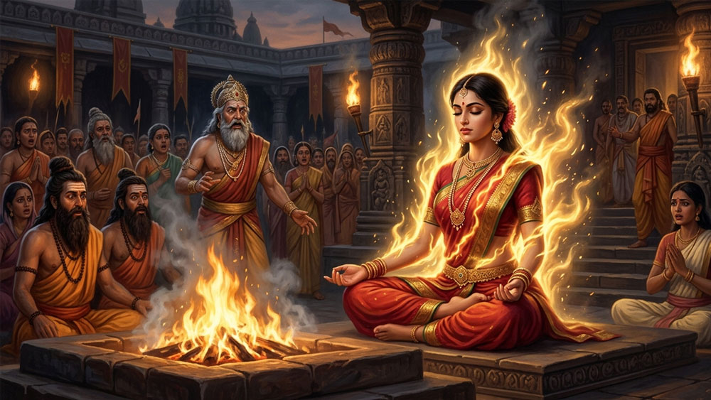 Goddess Sati enters deep meditation and sacrifices herself through divine yogic fire at King Daksha's yajna in the Shiva Purana.