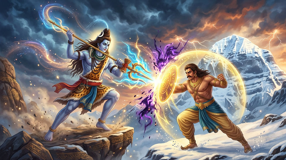 Lord Shiva battles the powerful demon king Jalandhara near Mount Kailash.