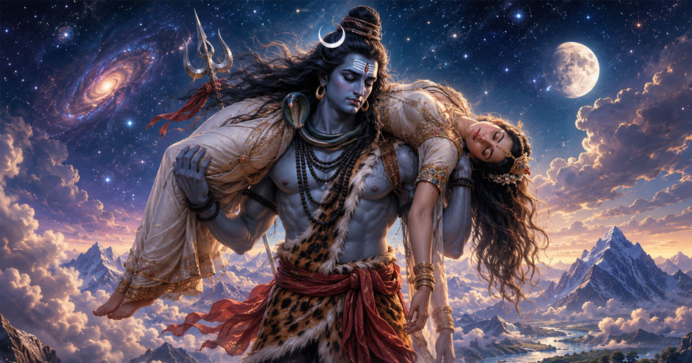 Lord Shiva carrying Goddess Sati's body across the heavens after her death in the Shiva Purana.