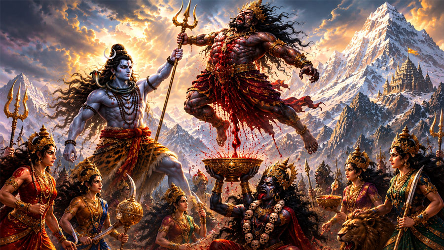Lord Shiva and Goddess Chamunda preventing Andhakasura's blood from touching the ground.