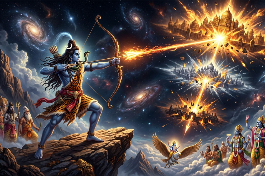 Lord Shiva destroys the three cities of Tripura with one divine arrow.
