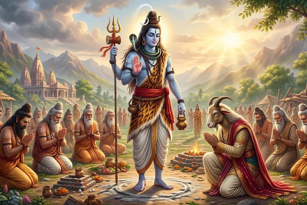 Lord Shiva forgives King Daksha and restores peace after the destruction of the yajna in the Shiva Purana.
