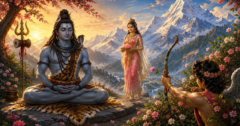 Shiva meditating on Mount Kailash while Kamadeva prepares to shoot his flower arrow