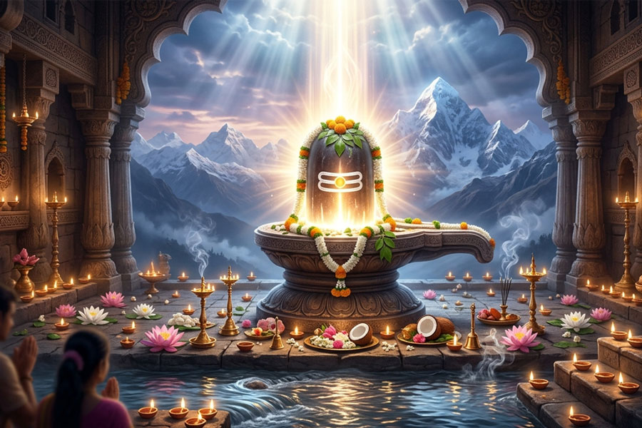 Sacred Shiva Lingam glowing with divine light, representing Shiva's infinite and eternal form