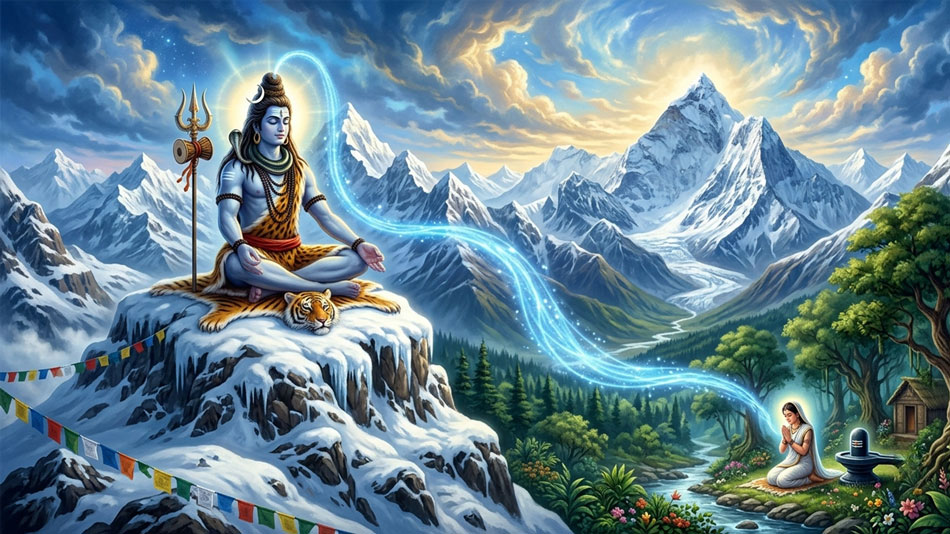 Lord Shiva meditates on Mount Kailash while watching Parvati's unwavering devotion through divine vision.
