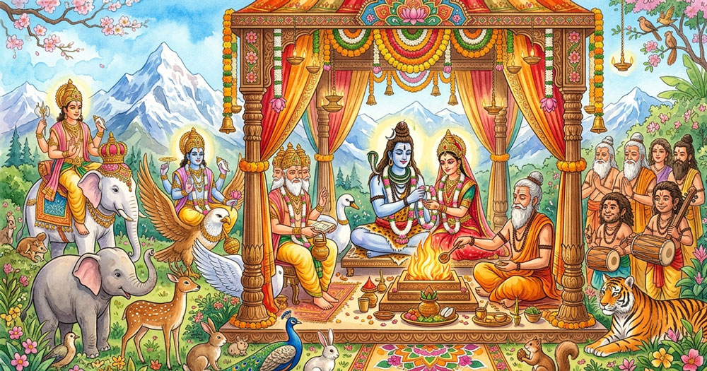 Lord Shiva and Goddess Parvati during their sacred wedding ceremony with gods and sages in attendance.