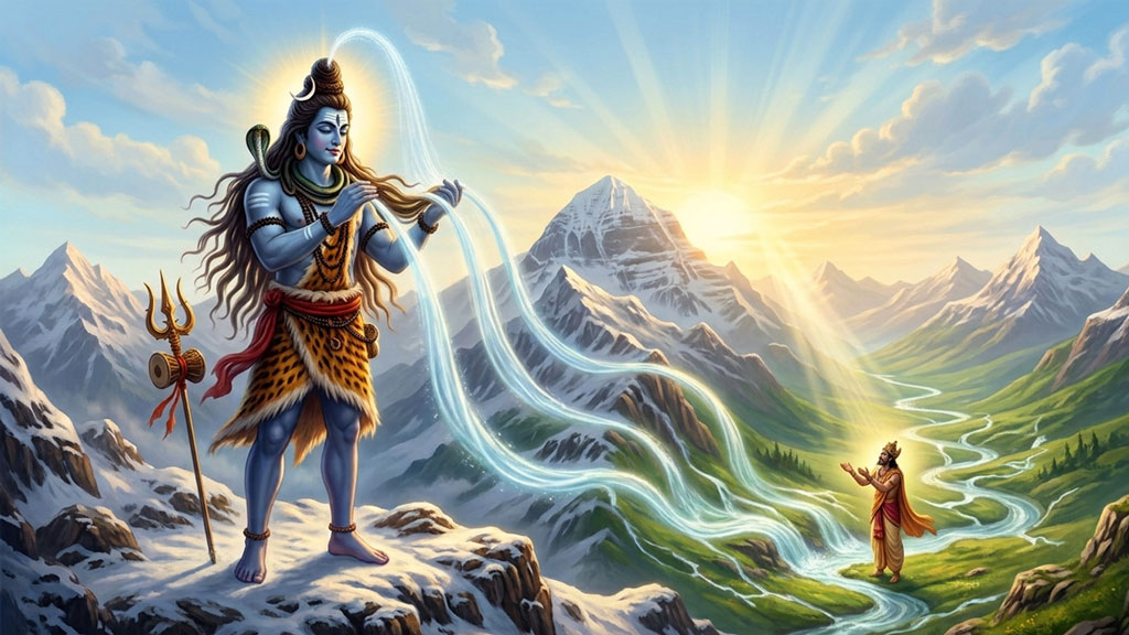 Lord Shiva releasing River Ganga gently onto Earth