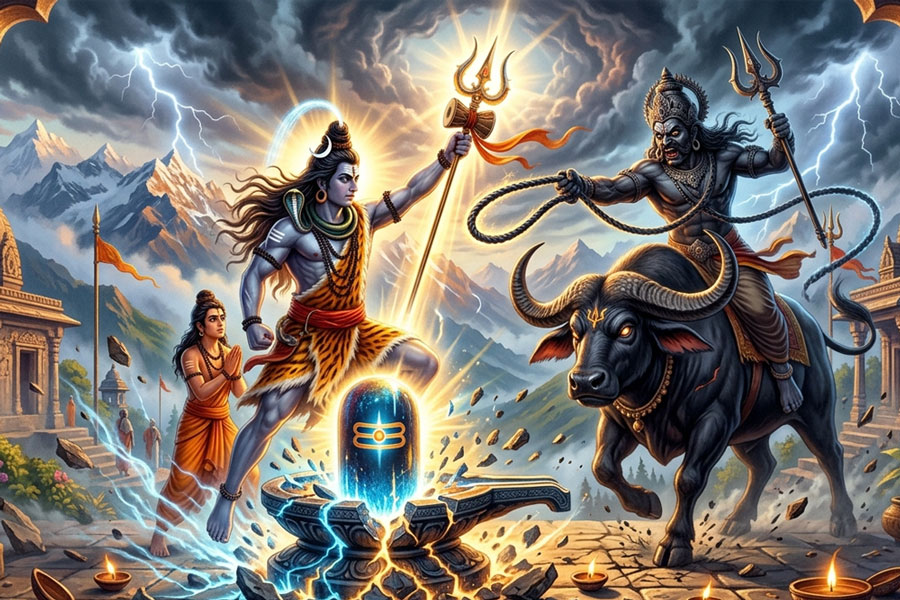 Lord Shiva emerging from the Shiva Lingam to protect Markandeya from Yama