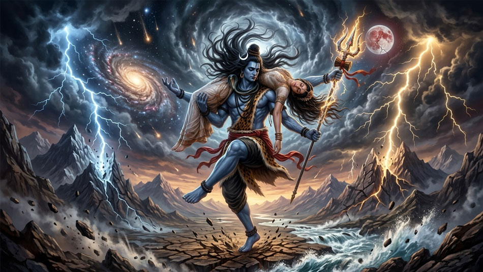 Lord Shiva performing the Tandava of grief while carrying Goddess Sati, shaking the universe in the Shiva Purana.