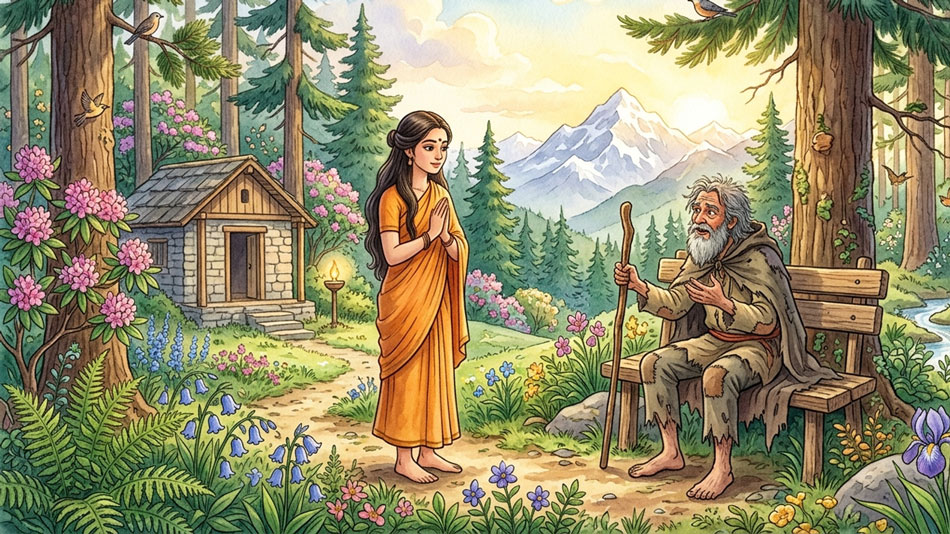 Lord Shiva disguised as an elderly traveler tests Parvati's devotion at her Himalayan hermitage.