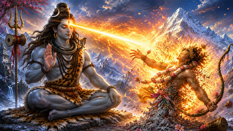 Lord Shiva opens his third eye after Kamadeva interrupts his meditation