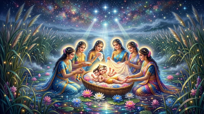Six Krittikas caring for the six-faced baby Kartikeya