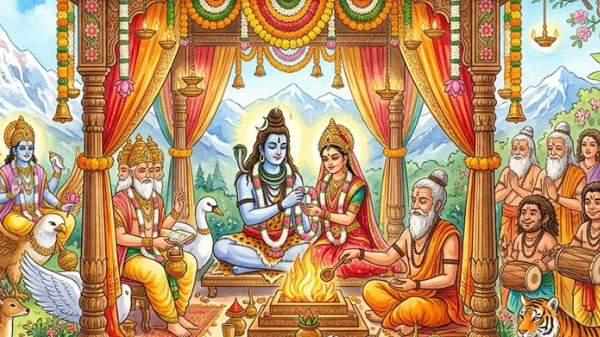 The marriage of Shiva and Parvati - story of Shiva testing Parvati's devotion