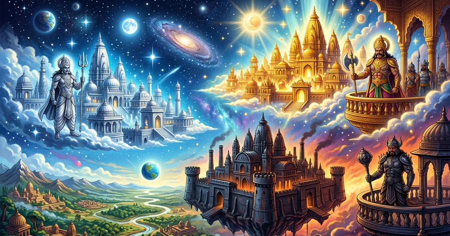 The three magical flying cities of Tripura made of gold, silver, and iron.