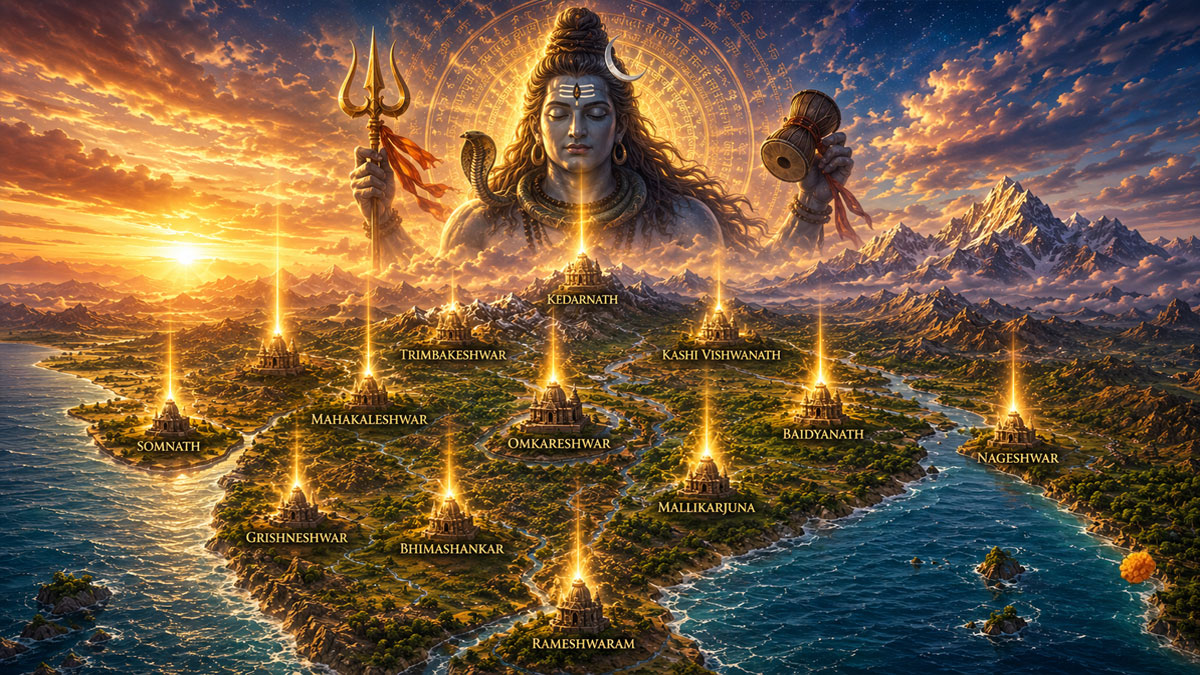 The Twelve Jyotirlingas of Lord Shiva across India shown as divine pillars of light