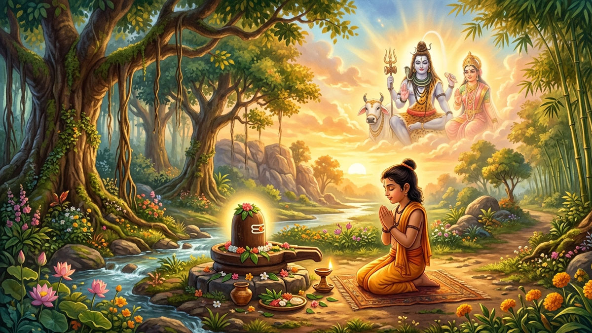 Upamanyu praying to Lord Shiva before receiving the blessing of the Ocean of Milk