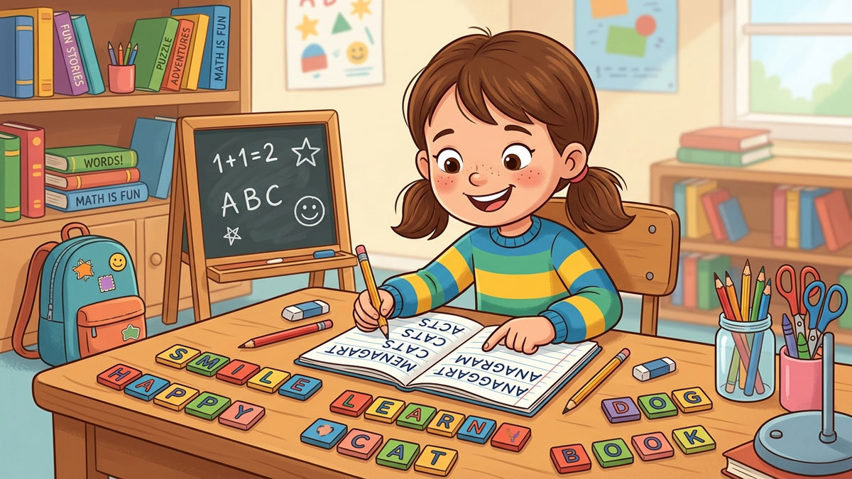 Child solving an anagram puzzle with alphabet tiles