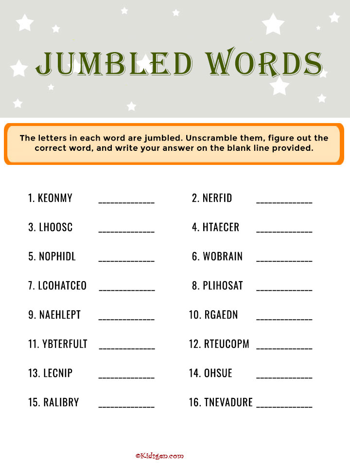 Jumble word worksheet for Kids