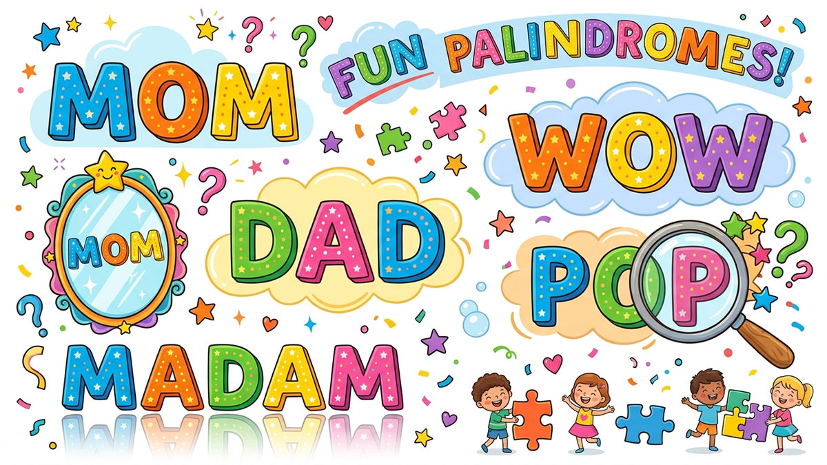 Colorful palindrome word puzzle with letters reading forwards and backwards
