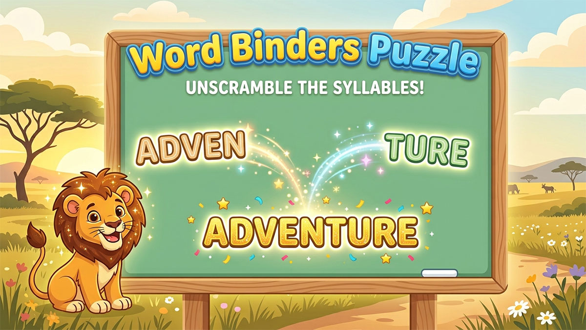 Children's word puzzle game graphic featuring syllable matching on a chalkboard with a cartoon lion cub.