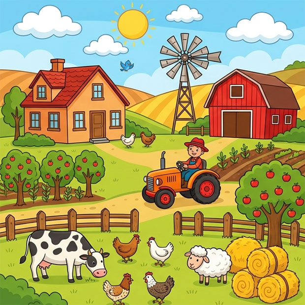 Farm scene find 10 differences puzzle with tractor, barn and animals