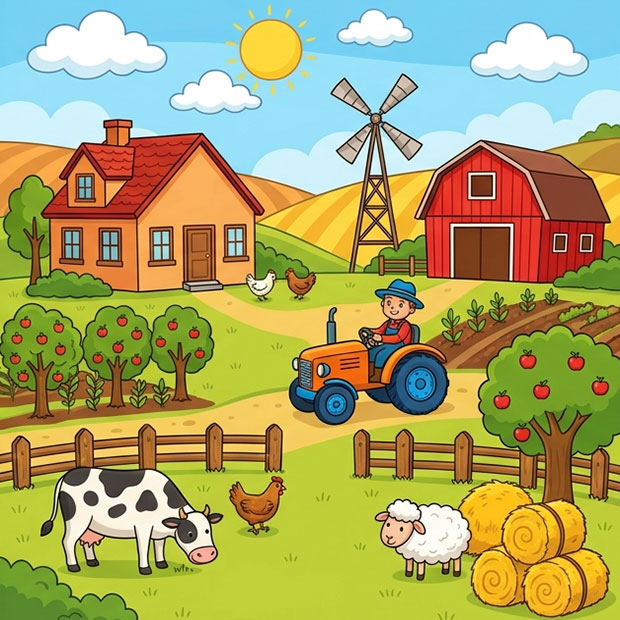 Cartoon farm find the differences game with barn, animals and windmill