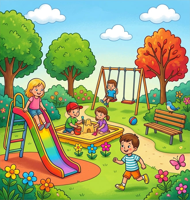 Kids playing in a playground spot the difference activity