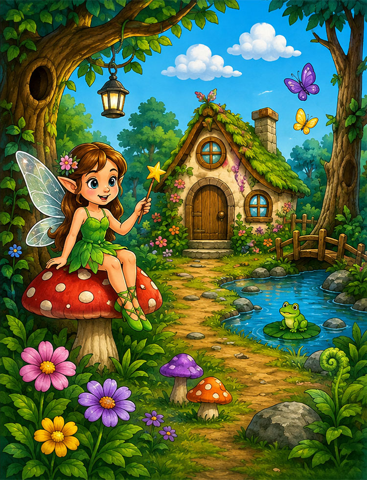 Magical forest spot the difference puzzle with fairy, cottage and 10 differences