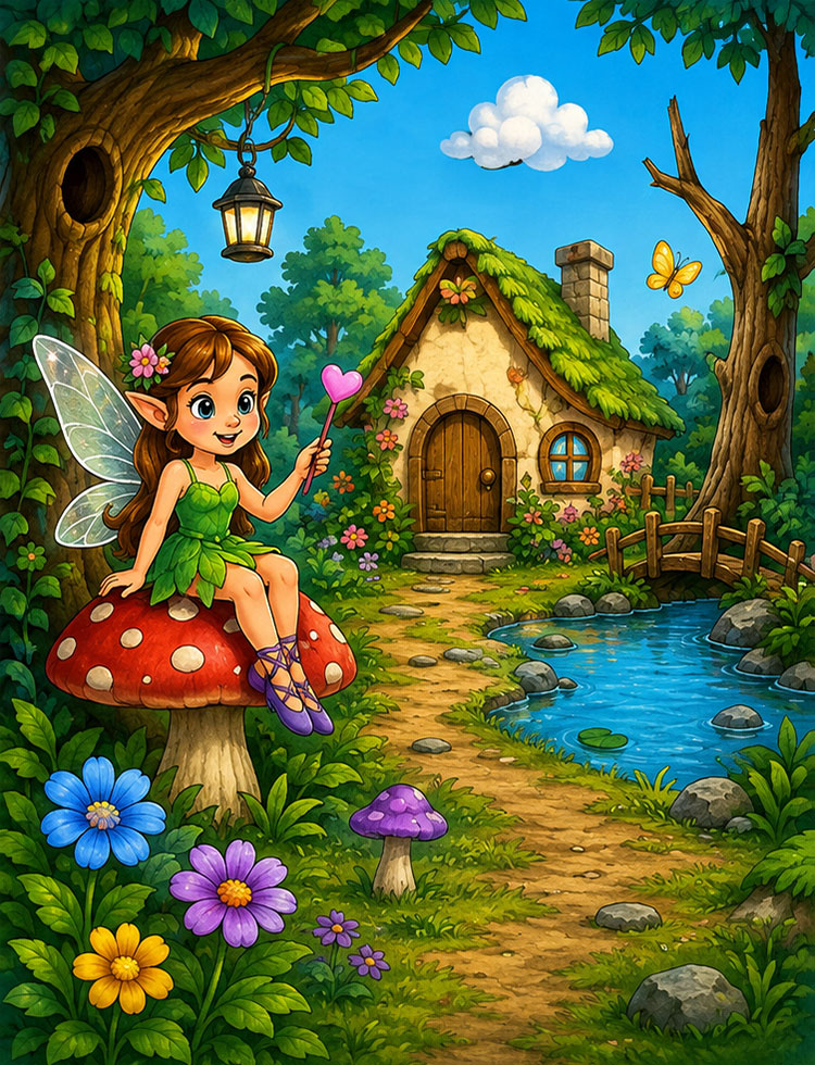 Enchanted forest find 10 differences puzzle with fairy and cottage