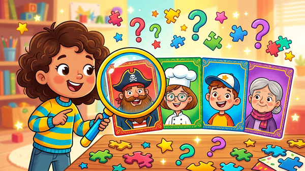 Guess Who picture quiz game for kids with mystery faces and question marks