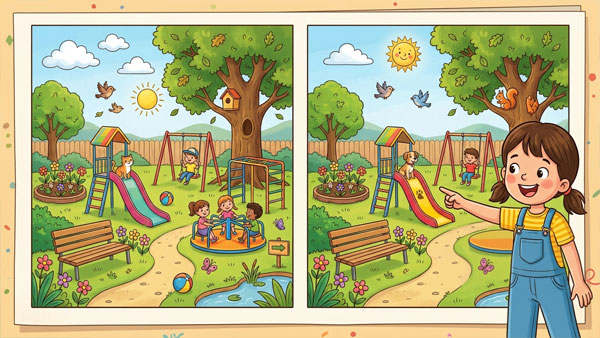 Kids spot the difference puzzle with two cartoon scenes