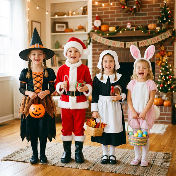 Four kids in holiday costumes.