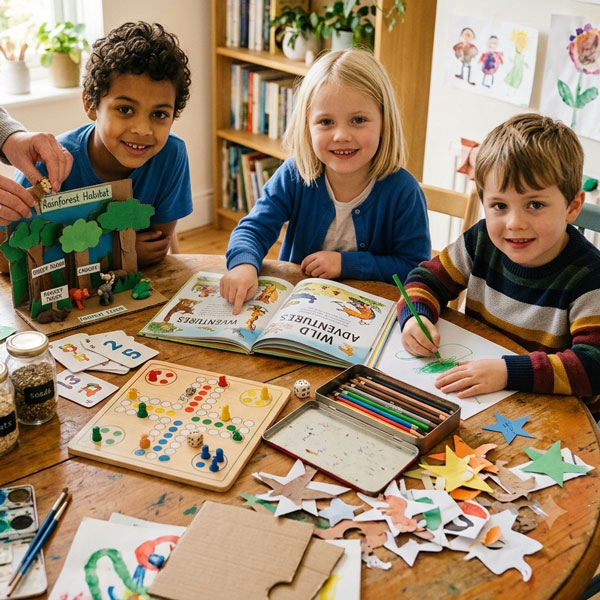 Three kids reading a picture book, drawing, and building craft projects together.