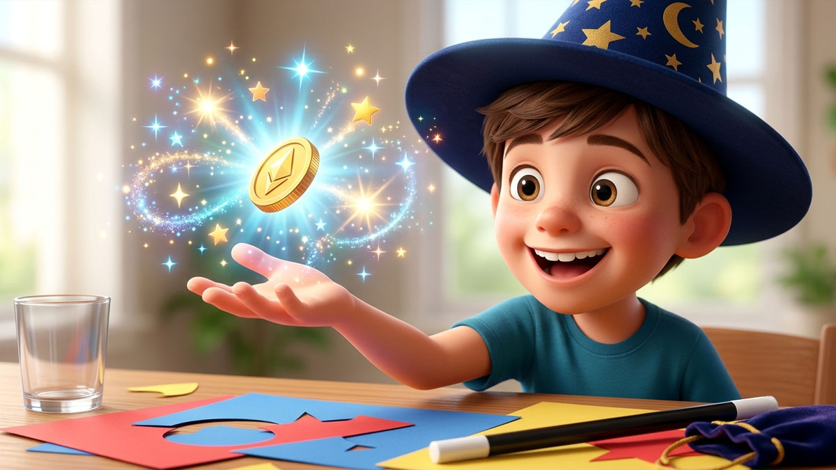 Child magician performing an easy magic coin trick with floating coin and magic wand