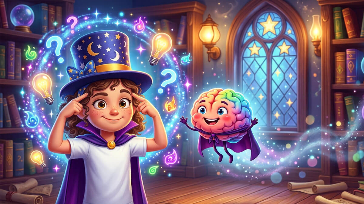 Young kid magician performing easy magic mind tricks and brain illusions with glowing sparkles