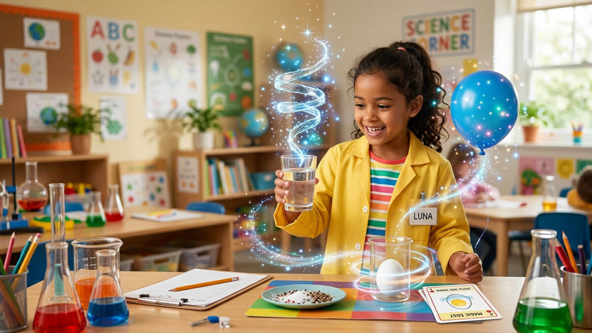 Kid performing magic science tricks with a balloon, egg and water glass