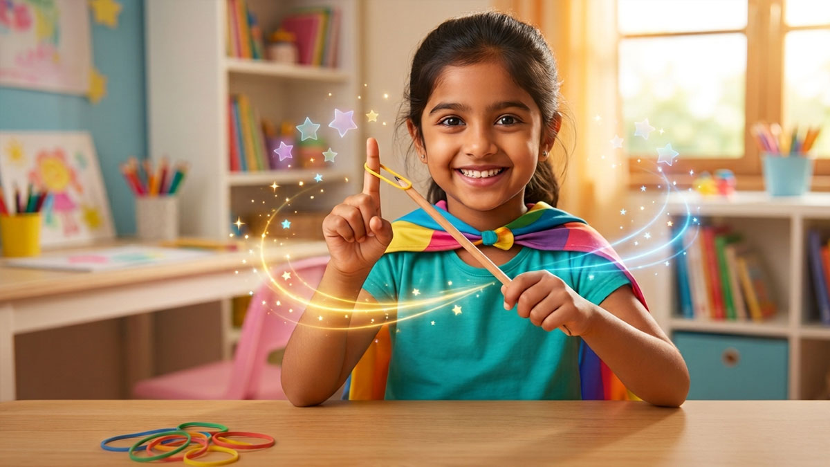 A young kid demonstrating an easy magic trick using a pencil and rubber band on a colorful background