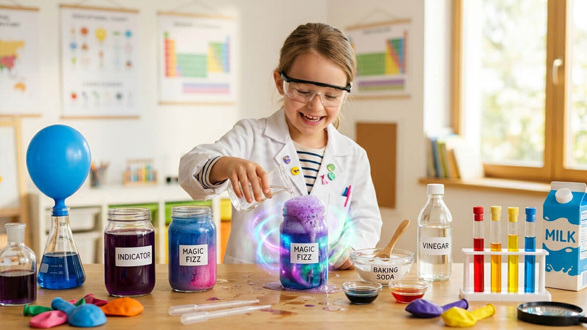 Kid enjoying fun and educational chemistry magic experiments