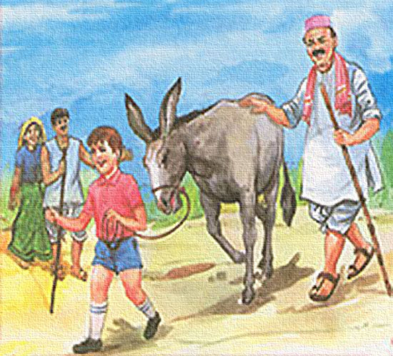 Rama and Shyam going to the nearby market with their donkey