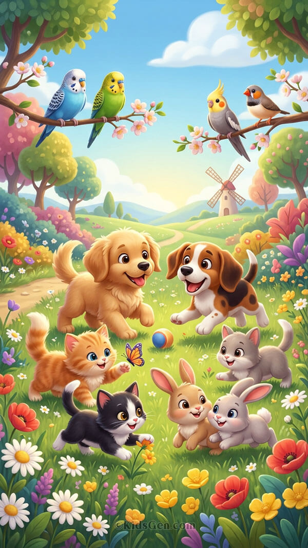 Colorful cartoon mobile wallpaper featuring happy dogs, cats, bunnies, and birds playing in a sunny meadow.
