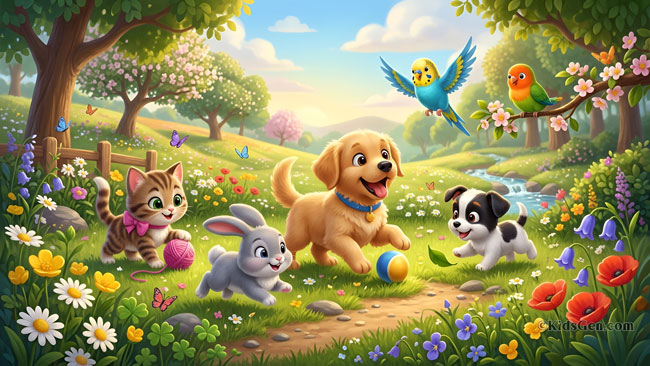 4K and HD pet wallpaper featuring cartoon puppies kittens rabbits and birds playing in a flower-filled meadow