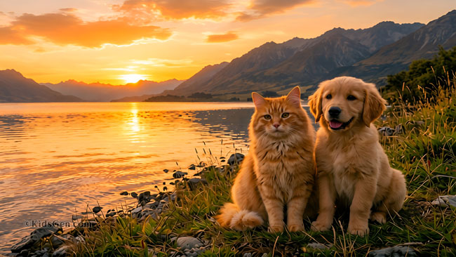 4K pet wallpaper of ginger cat and golden retriever puppy sitting beside a lake at sunset
