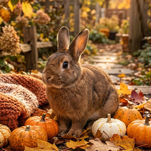 Square wallpaper and social media image of a cute cinnamon-colored rabbit sitting among autumn leaves, cozy knit blankets, and mini pumpkins in a garden.