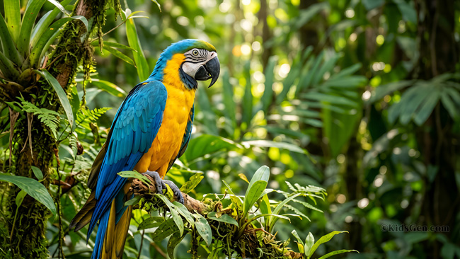 Pet 4k wallpaper featuring colorful green and yellow parrot perched on a tropical branch