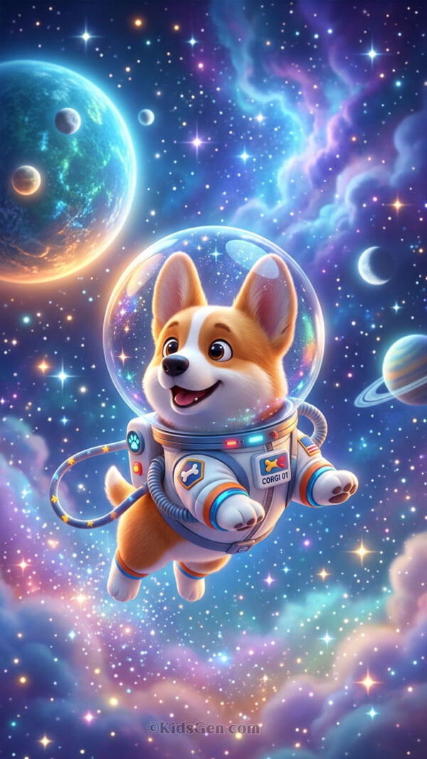 Cute Corgi astronaut floating in cosmic nebula 4K mobile phone wallpaper
