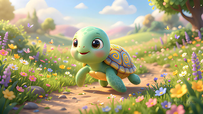 4K cartoon baby turtle wallpaper with large sparkling eyes walking through a pastel meadow