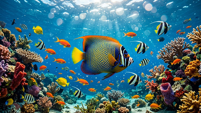 Vibrant 4K-HD aquarium wallpaper featuring a stunning blue angelfish, colorful tropical fish, and a thriving coral reef with sunlit water.