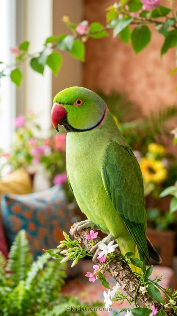 4K mobile phone wallpaper featuring a green Indian ringneck parakeet with a red beak perched on a flowering branch